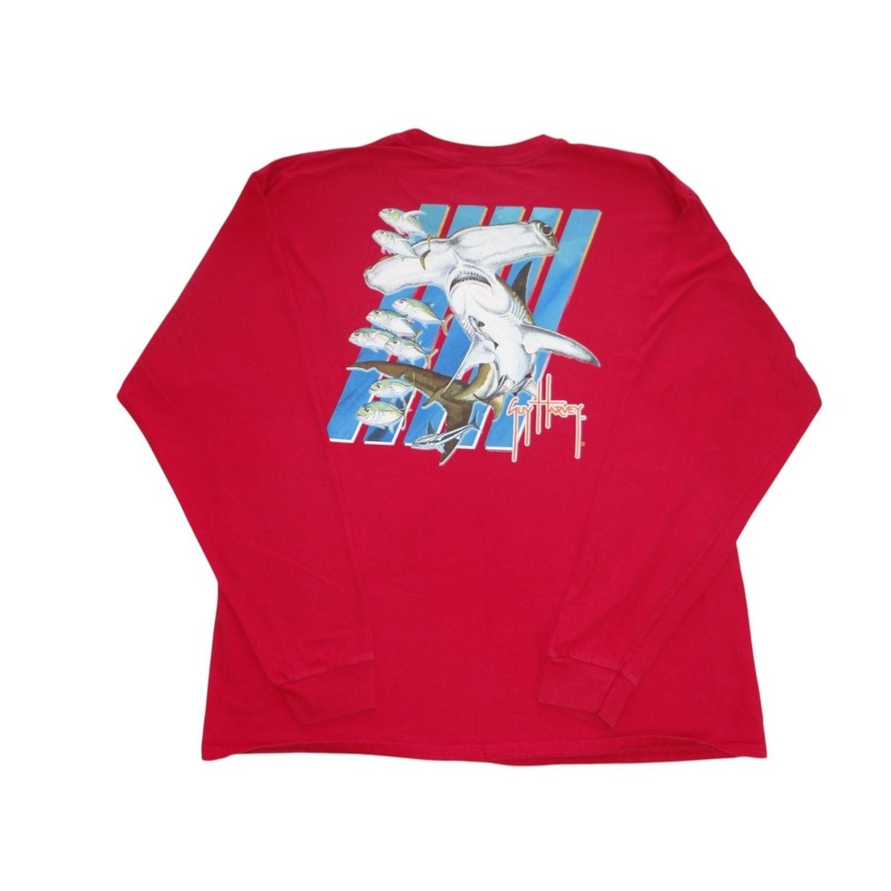 Guy Harvey Red Long Sleeve T-Shirt with Hammerhead Shark Graphic